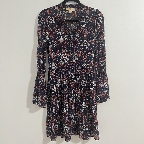 Michael Kors Georgette Shirt Dress Size XXS Navy Blue Floral Pleated Cheer Party - Picture 2 of 10